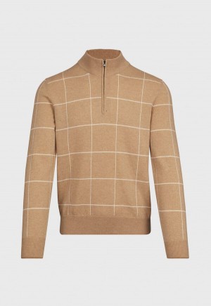 Paul Stuart 1/4 Cashmere Zip Windowpane Brown | AU_PAUL80970