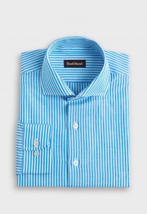 Paul Stuart Bengal Stripe Cotton & Linen Turquoise | AU_PAUL51904