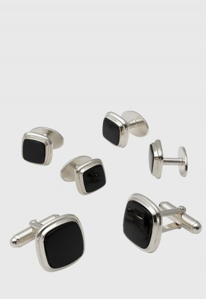 Paul Stuart Black Onyx Square Cufflink Stud Set Silver | AU_PAUL19327