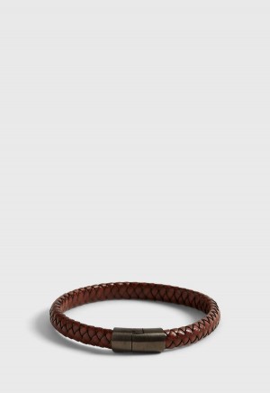 Paul Stuart Brown Braided Leather Bracelet with Sterling Silver closure Brown | AU_PAUL12474