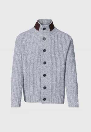 Paul Stuart Button Front Cardigan with Suede Trim Silver | AU_PAUL62830