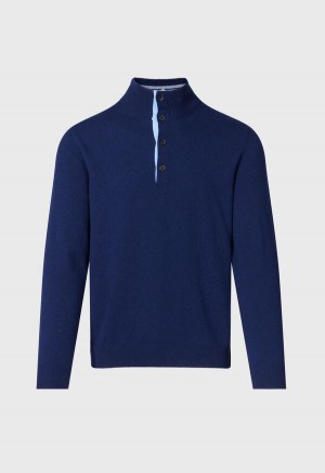 Paul Stuart Cashmere Button Mock Neck Navy | AU_PAUL61269