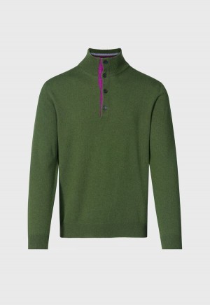 Paul Stuart Cashmere Button Mock Neck Olive | AU_PAUL92429