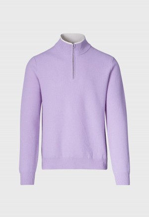 Paul Stuart Cashmere Honeycomb Stitch Quarter Zip Lavender | AU_PAUL96125