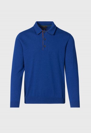 Paul Stuart Cashmere Long Sleeve Polo with Suede Blue / Olive | AU_PAUL63271