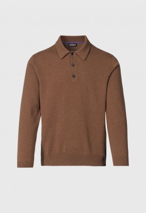 Paul Stuart Cashmere Long Sleeve Polo with Suede Brown / Lavender | AU_PAUL85349