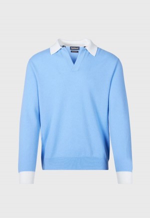 Paul Stuart Cashmere Open Collar Light Blue | AU_PAUL74834