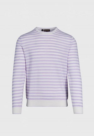 Paul Stuart Cashmere & Linen Striped Crewneck Lavender / White | AU_PAUL56472