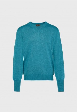 Paul Stuart Classic Cashmere Double Ply V-Neck Turquoise | AU_PAUL95001