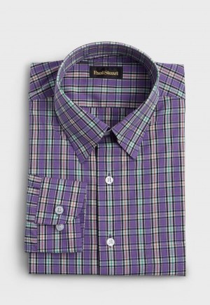 Paul Stuart Cotton Poplin Plaid Purple | AU_PAUL22115