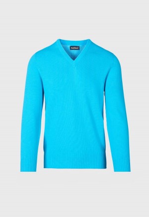 Paul Stuart Cotton V-Neck Light Turquoise | AU_PAUL32738