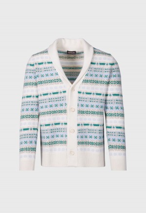 Paul Stuart Fair Isle Button Front Cardigan White / Green | AU_PAUL95307