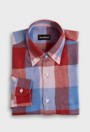 Paul Stuart Linen Buffalo Check Red / Blue | AU_PAUL24897