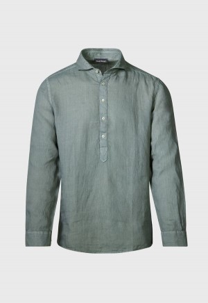 Paul Stuart Linen Half Placket Olive | AU_PAUL26825