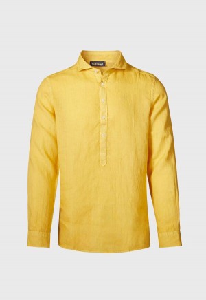 Paul Stuart Linen Half Placket Yellow | AU_PAUL51380