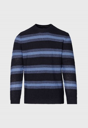 Paul Stuart Linen Mélange Stripe Crewneck Navy / Light Blue | AU_PAUL61789