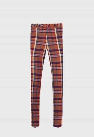 Paul Stuart Linen Plaid Plain Front Coral | AU_PAUL31327