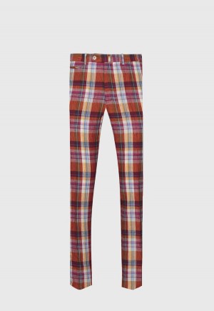 Paul Stuart Linen Plaid Plain Front Red | AU_PAUL40260