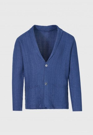 Paul Stuart Linen & Cotton Chevron Cardigan Blue | AU_PAUL10902