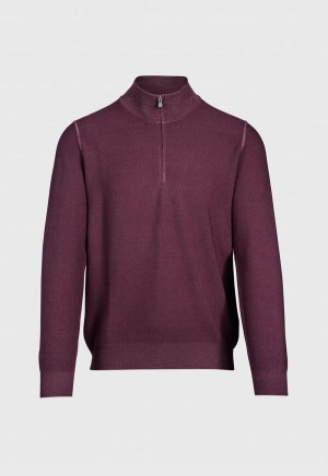 Paul Stuart Merino Wool Rice Stitch Quarter Zip Purple | AU_PAUL58692