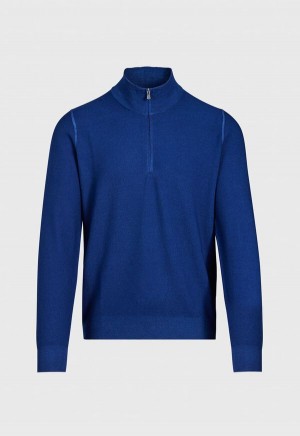 Paul Stuart Merino Wool Rice Stitch Quarter Zip Royal Blue | AU_PAUL49891