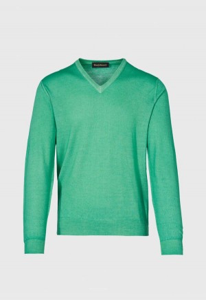 Paul Stuart Merino Wool Watercolor V-Neck Green | AU_PAUL99170