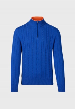 Paul Stuart Quarter Zip Cable Knit Blue / Orange | AU_PAUL78001