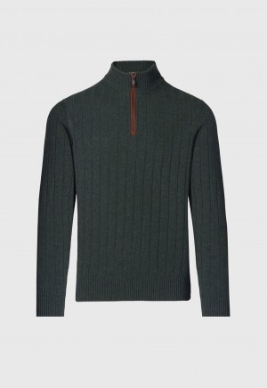 Paul Stuart Ribbed Quarter Zip with Suede Dark Green | AU_PAUL25068