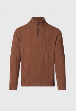 Paul Stuart Ribbed Quarter Zip with Suede Brown | AU_PAUL19043