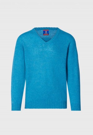 Paul Stuart Shetland Wool V-Neck Blue | AU_PAUL43326