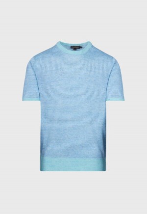 Paul Stuart Striped Short Sleeve Linen Crewneck Turquoise | AU_PAUL40920