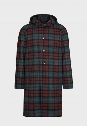 Paul Stuart Tartan Plaid Wool Hooded Coat Olive / Multicolor | AU_PAUL11883