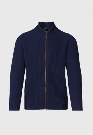 Paul Stuart Textured Wool & Cashmere Full Zip Cardigan Navy | AU_PAUL60222