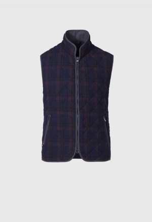 Paul Stuart Wool Plaid Quilted Vest Navy / Burgundy | AU_PAUL20615