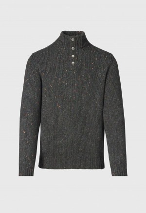 Paul Stuart Wool & Cashmere Donegal Button Mock Neck Dark Olive | AU_PAUL31878