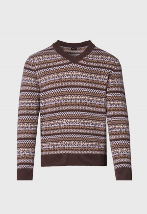 Paul Stuart Wool & Cashmere Fair Isle V-Neck Dark Brown | AU_PAUL65048