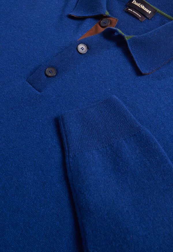 Paul Stuart Cashmere Long Sleeve Polo with Suede Blue / Olive | AU_PAUL63271