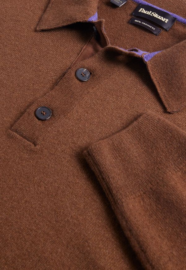 Paul Stuart Cashmere Long Sleeve Polo with Suede Brown / Lavender | AU_PAUL85349