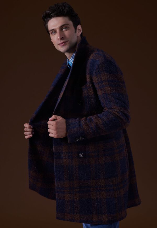 Paul Stuart Double Breasted Boucle Plaid Coat Navy / Brown | AU_PAUL14608