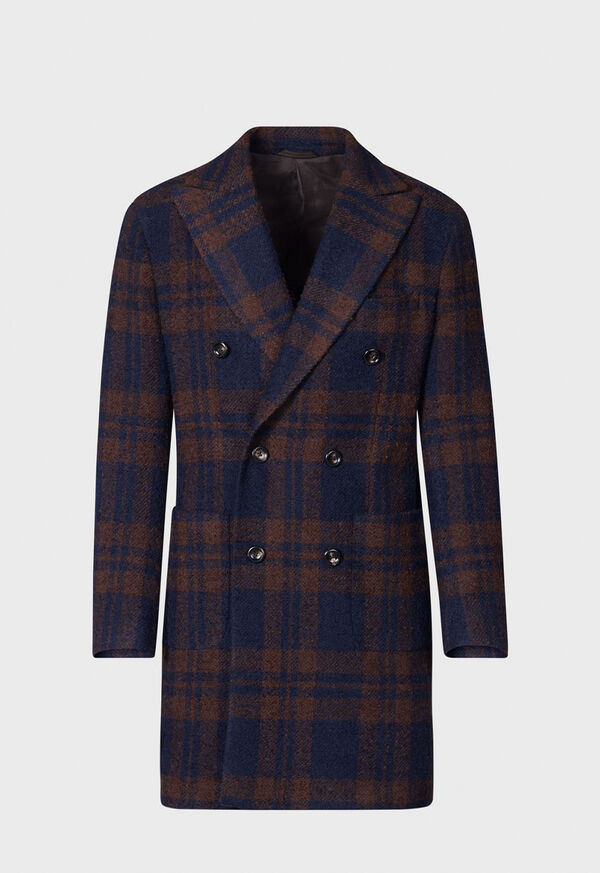 Paul Stuart Double Breasted Boucle Plaid Coat Navy / Brown | AU_PAUL14608