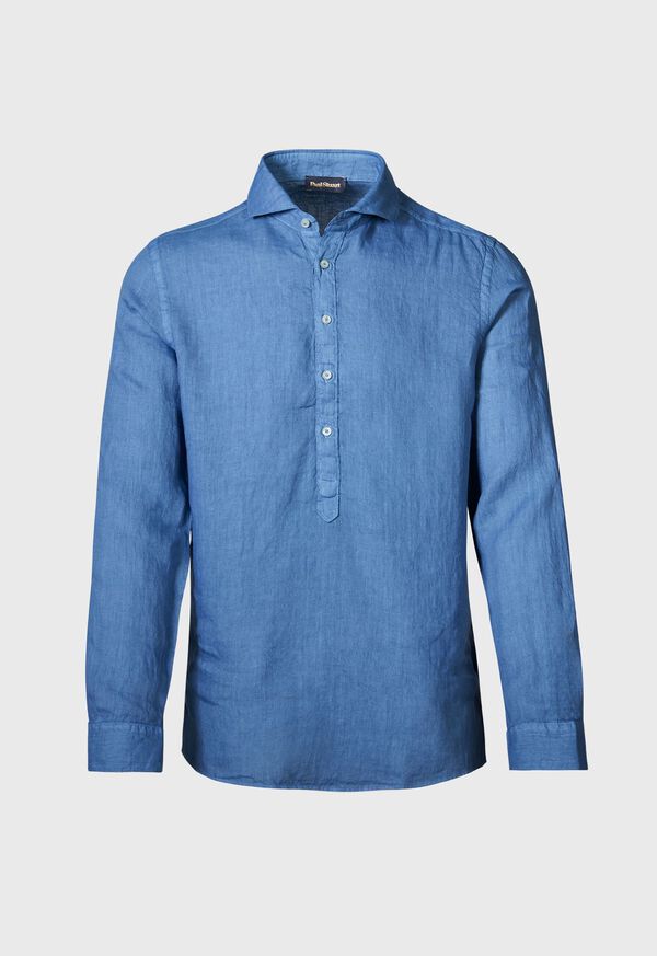 Paul Stuart Linen Half Placket Blue | AU_PAUL18751