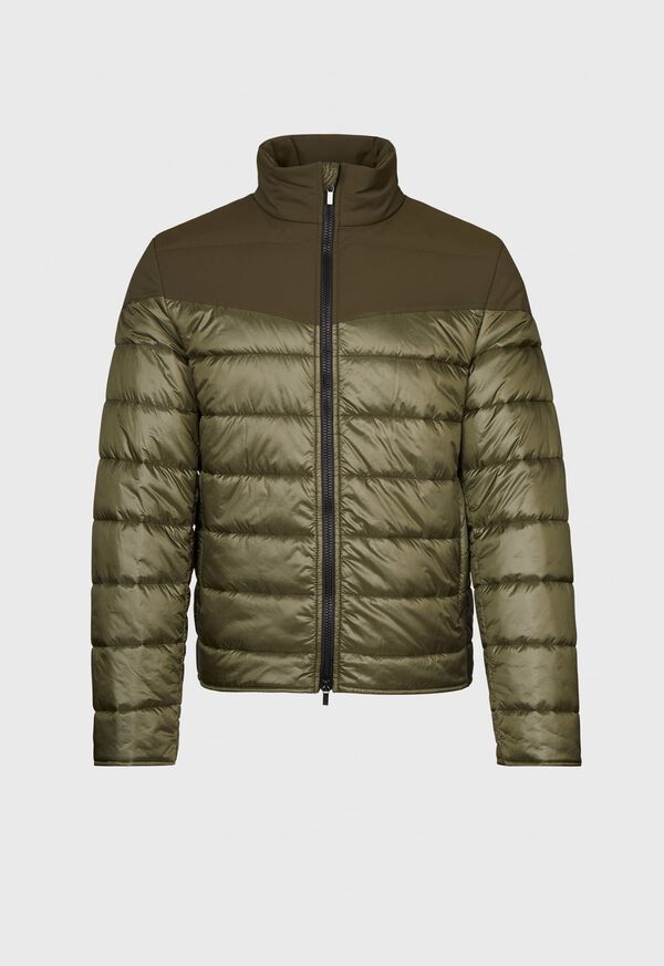 Paul Stuart Puffer Jacket With Tonal Shoulder Contrast Fabric Olive | AU_PAUL90298