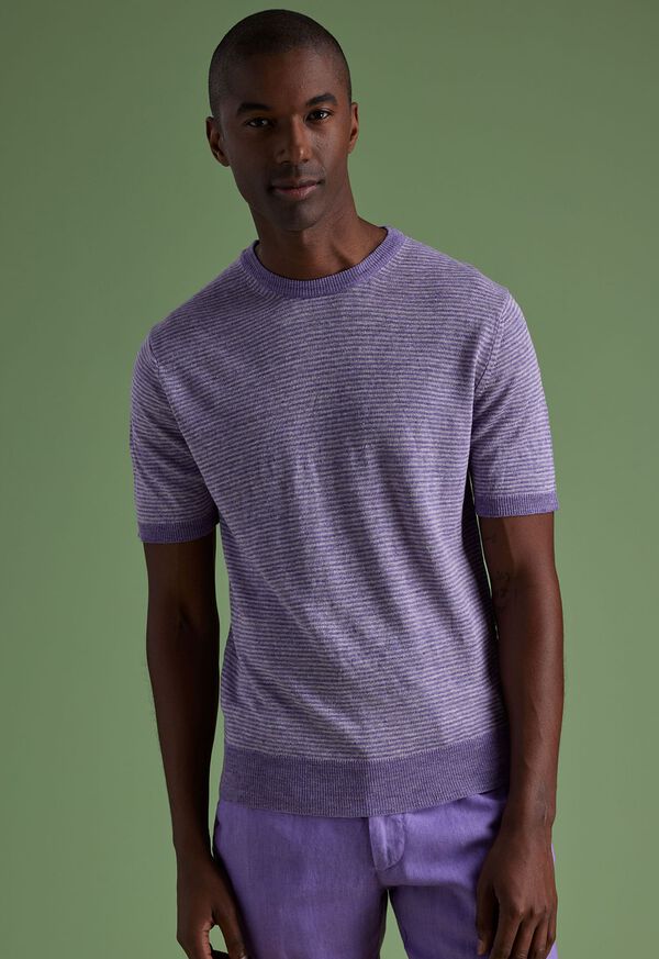 Paul Stuart Striped Short Sleeve Linen Crewneck Lavender | AU_PAUL68108