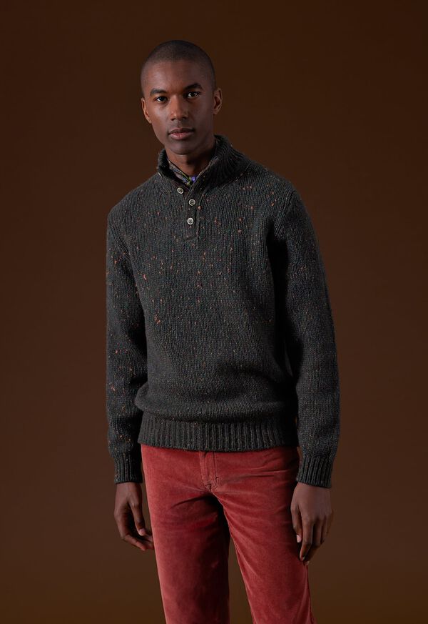 Paul Stuart Wool & Cashmere Donegal Button Mock Neck Dark Olive | AU_PAUL31878